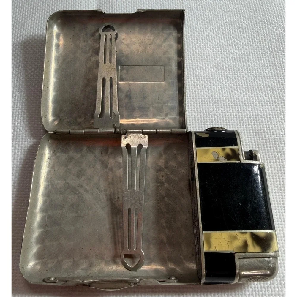 VTG Marathon Slide-A-Lite Cigarette Case Lighter Art Deco Enamel Tortoise Box